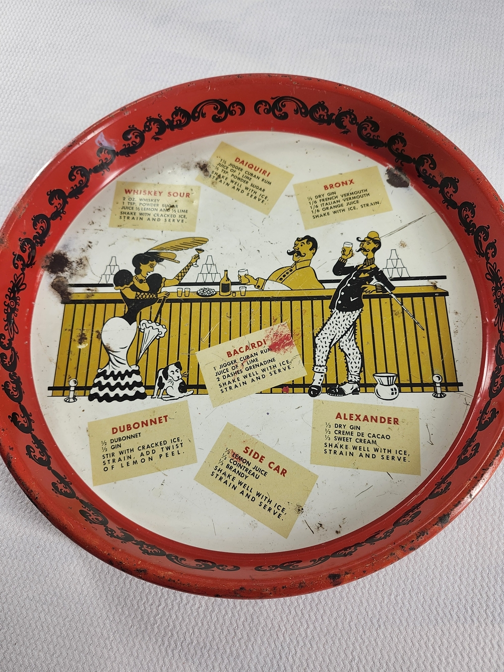 Vintage 1950's Round Metal Serving Tray Red Rim Cocktail Recipes Pattern 13 in